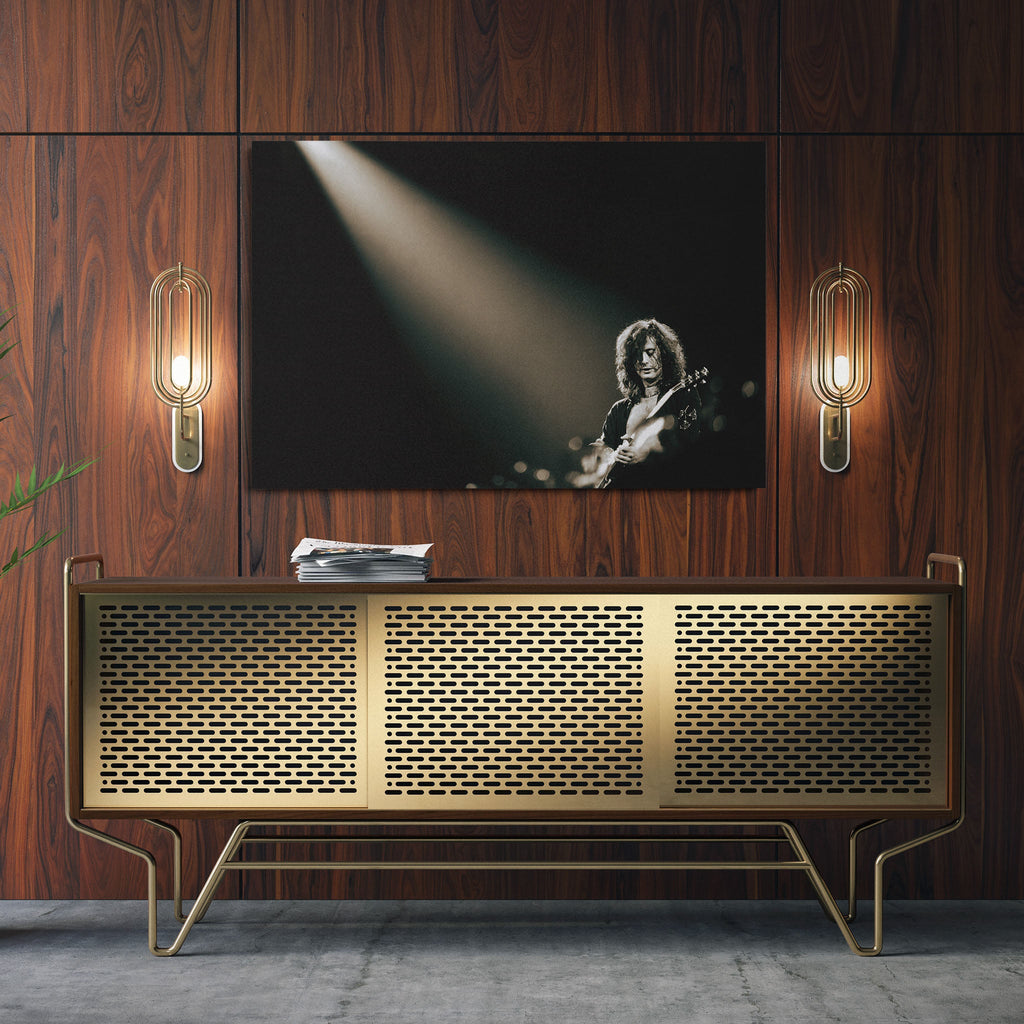 Sleek aluminum metal print of Jimmy Page under a spotlight at MSG