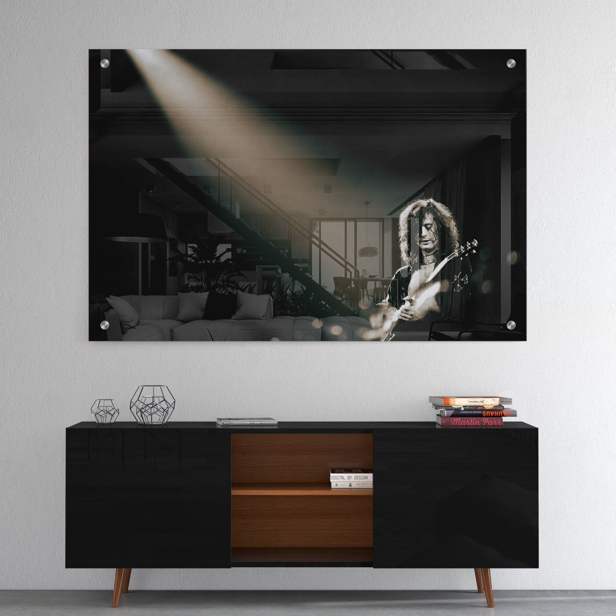 High-gloss acrylic print of Jimmy Page displayed on a wall