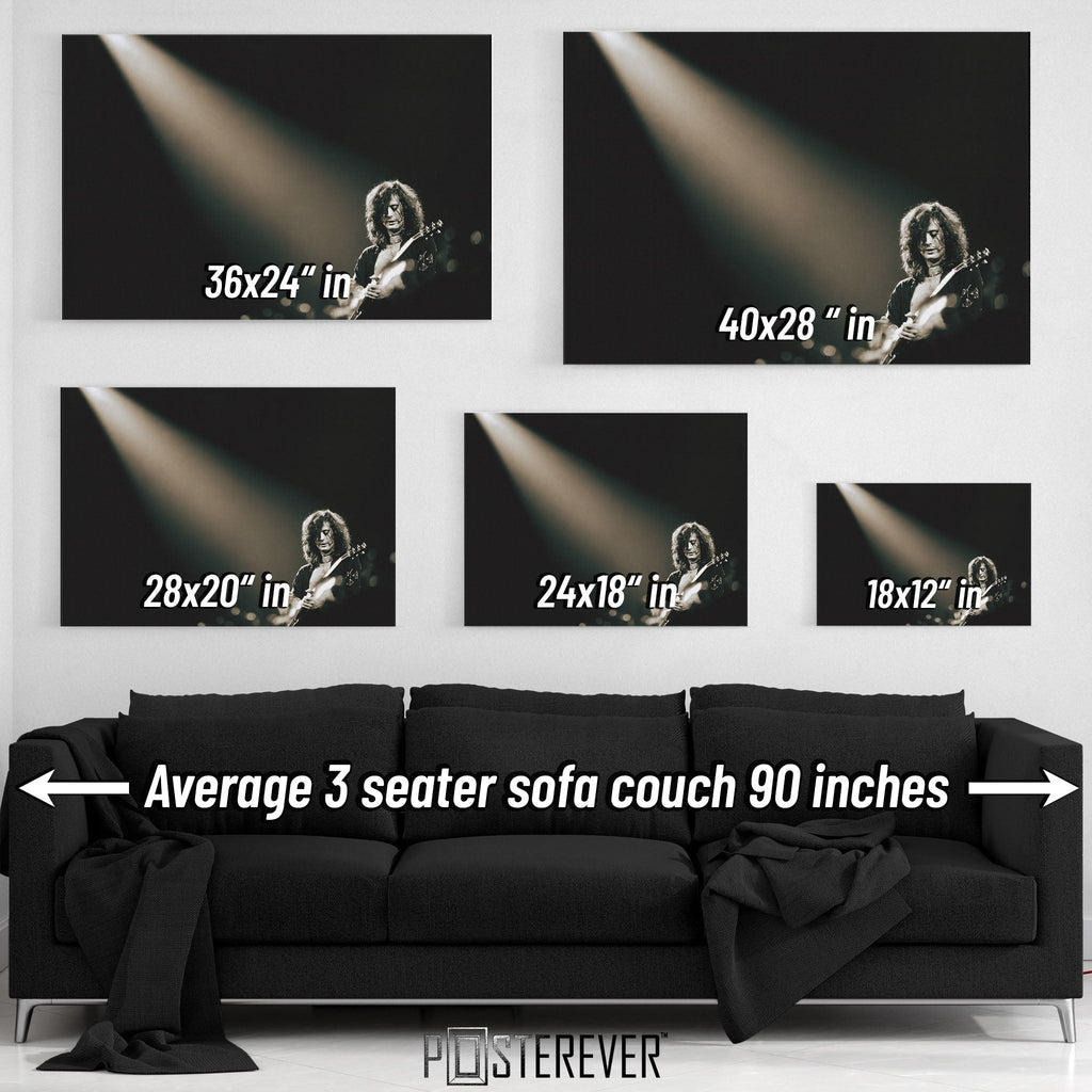 Jimmy Page wall art size comparison chart shown above a sofa