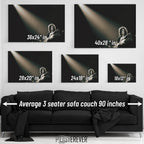 Jimmy Page wall art size comparison chart shown above a sofa