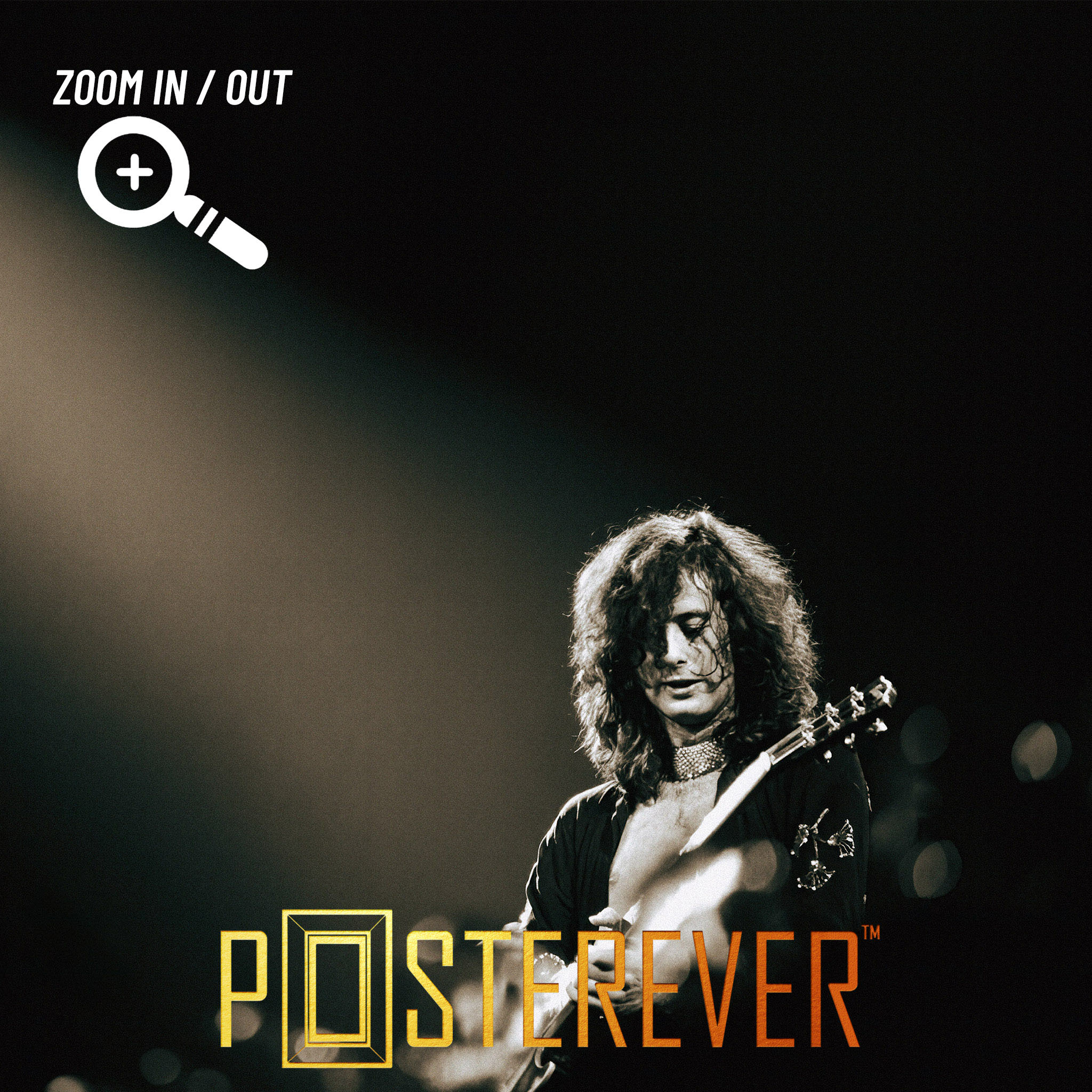 Zoomed detail of Jimmy Page playing slide guitar in a lone spotlight, 1975