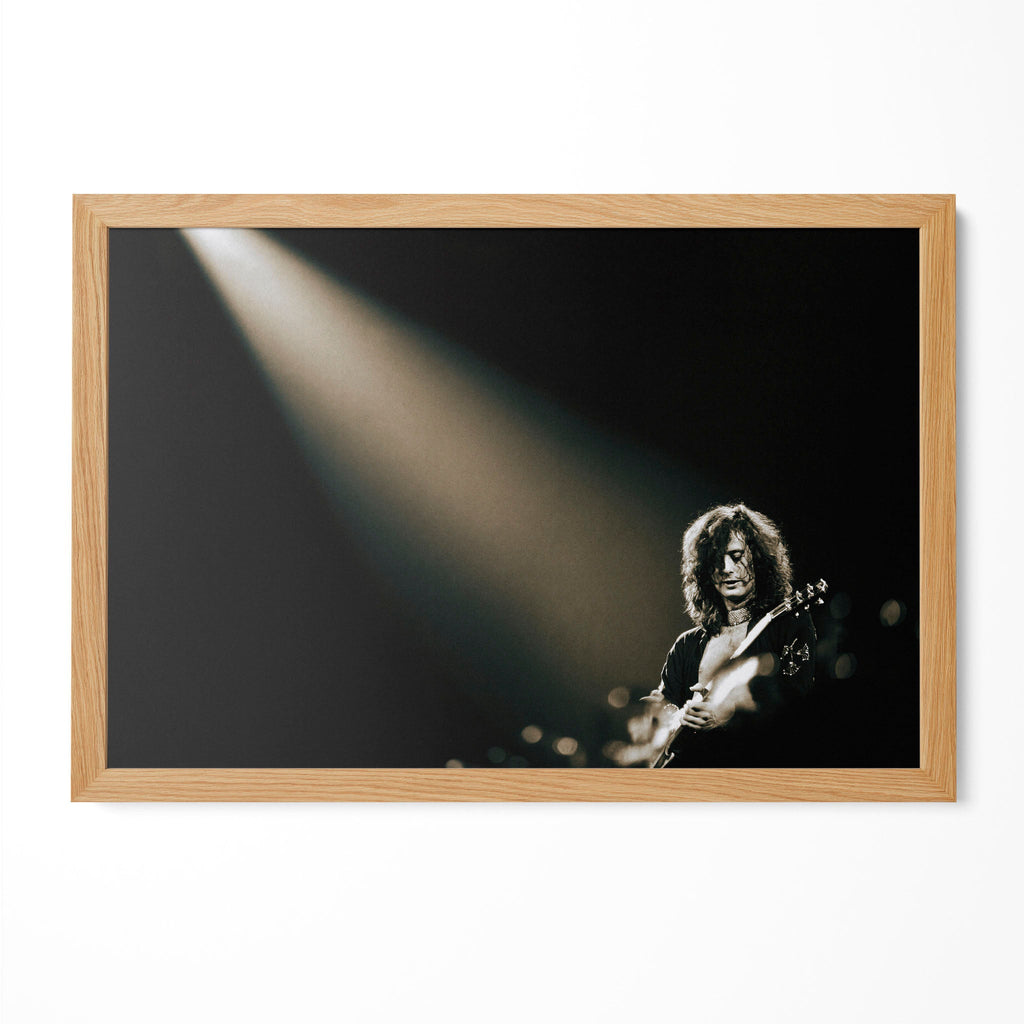 Jimmy Page portrait in a natural oak poster frame