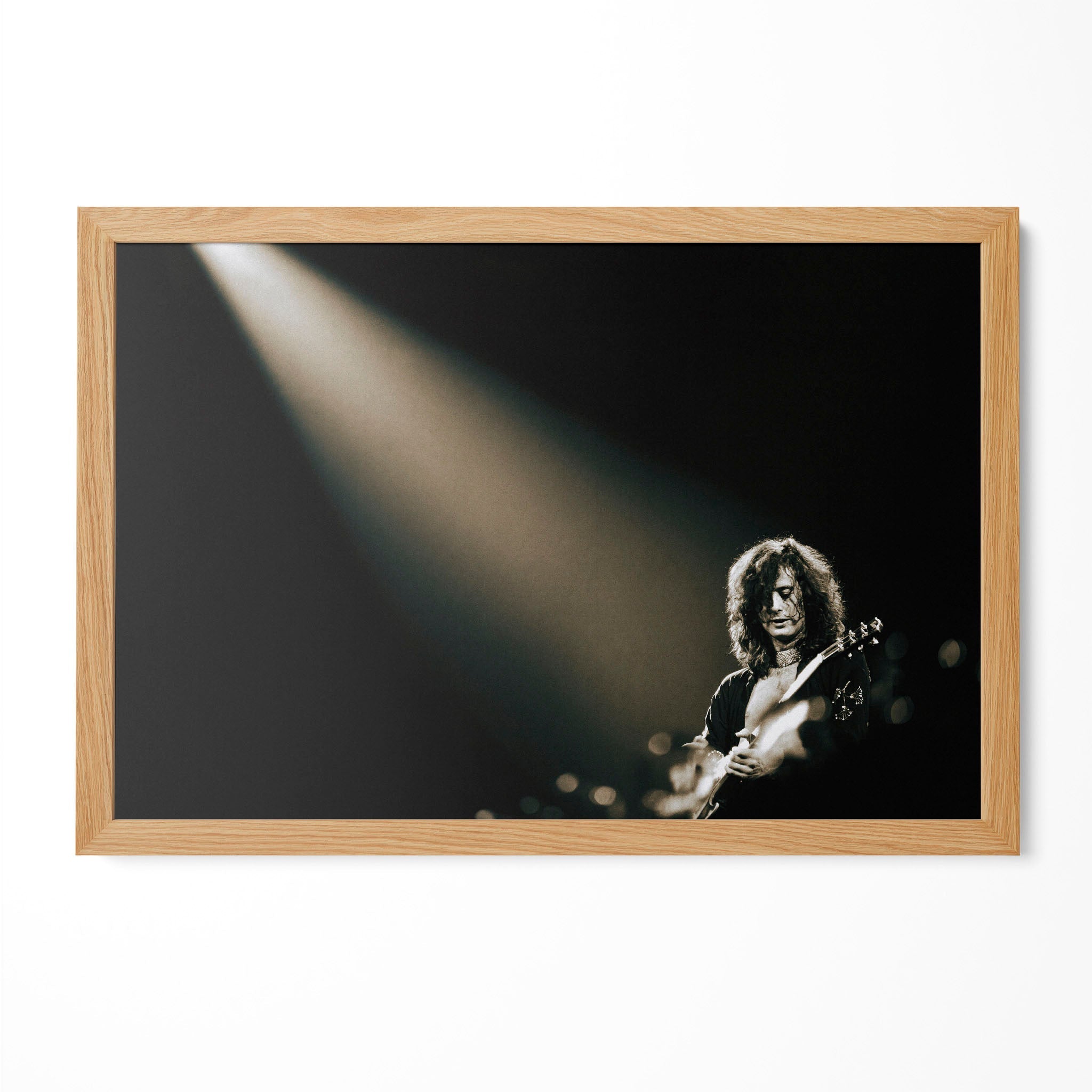 Jimmy Page portrait in a natural oak poster frame