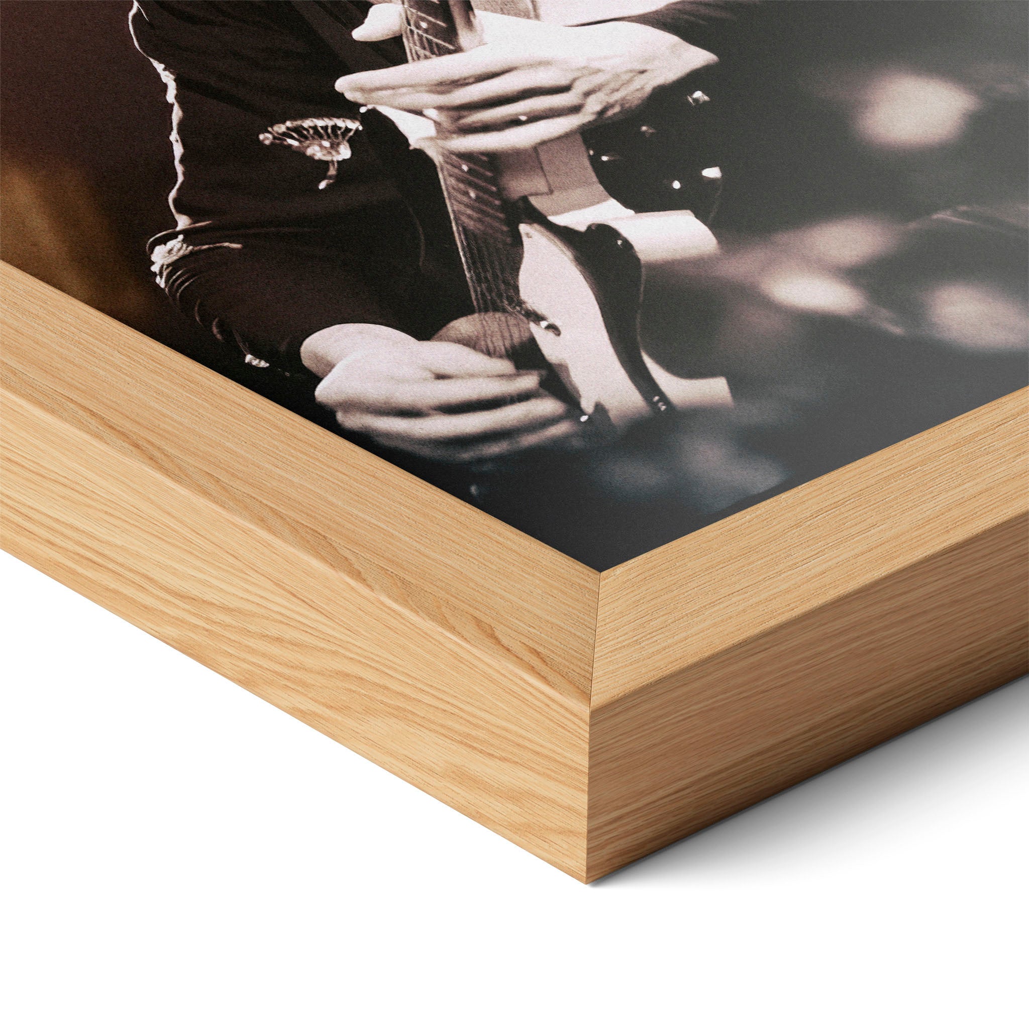Close-up of the natural oak frame on the Jimmy Page poster