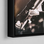 Corner close-up of the black floating frame on the Jimmy Page canvas