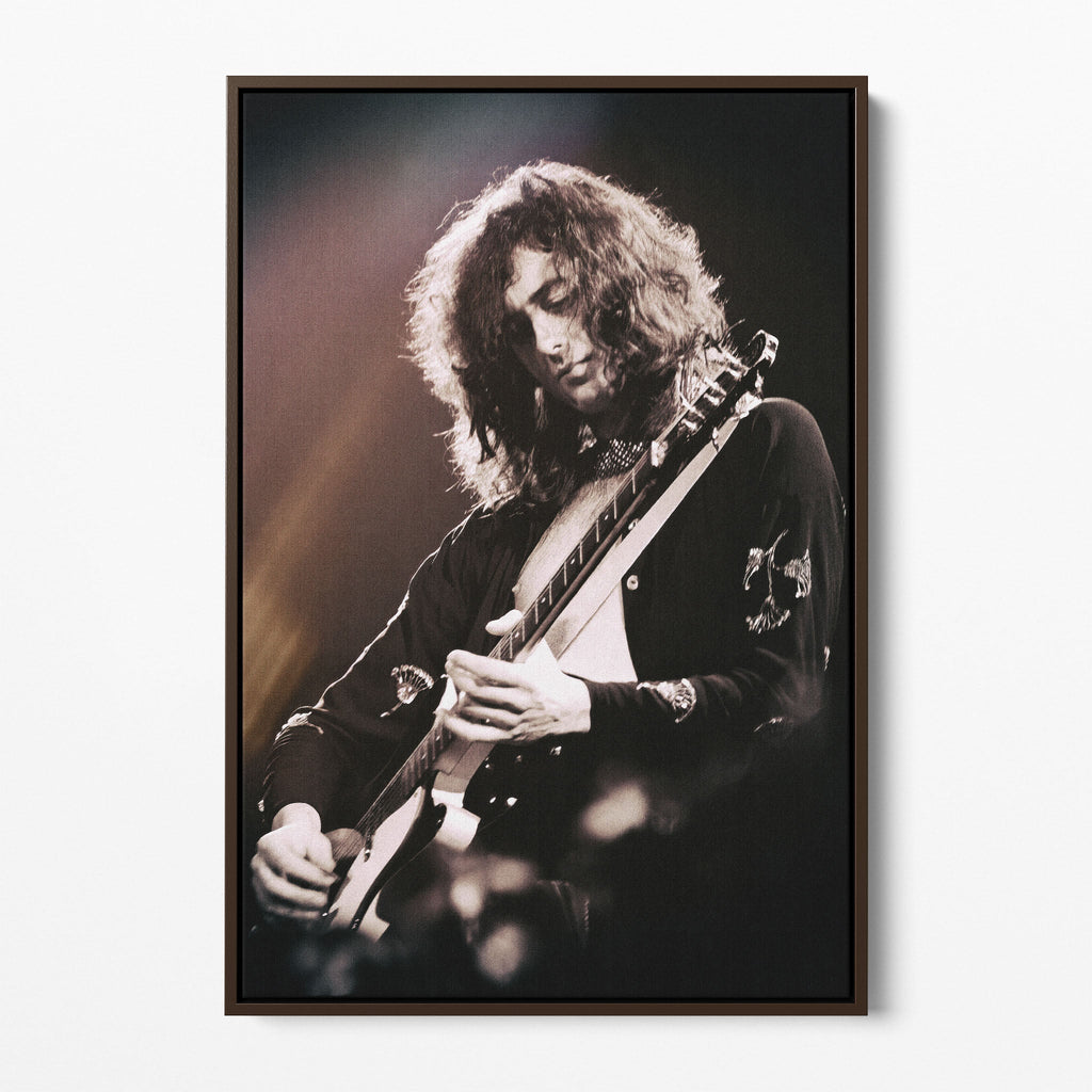 Front display of the Jimmy Page canvas in a dark walnut floating frame