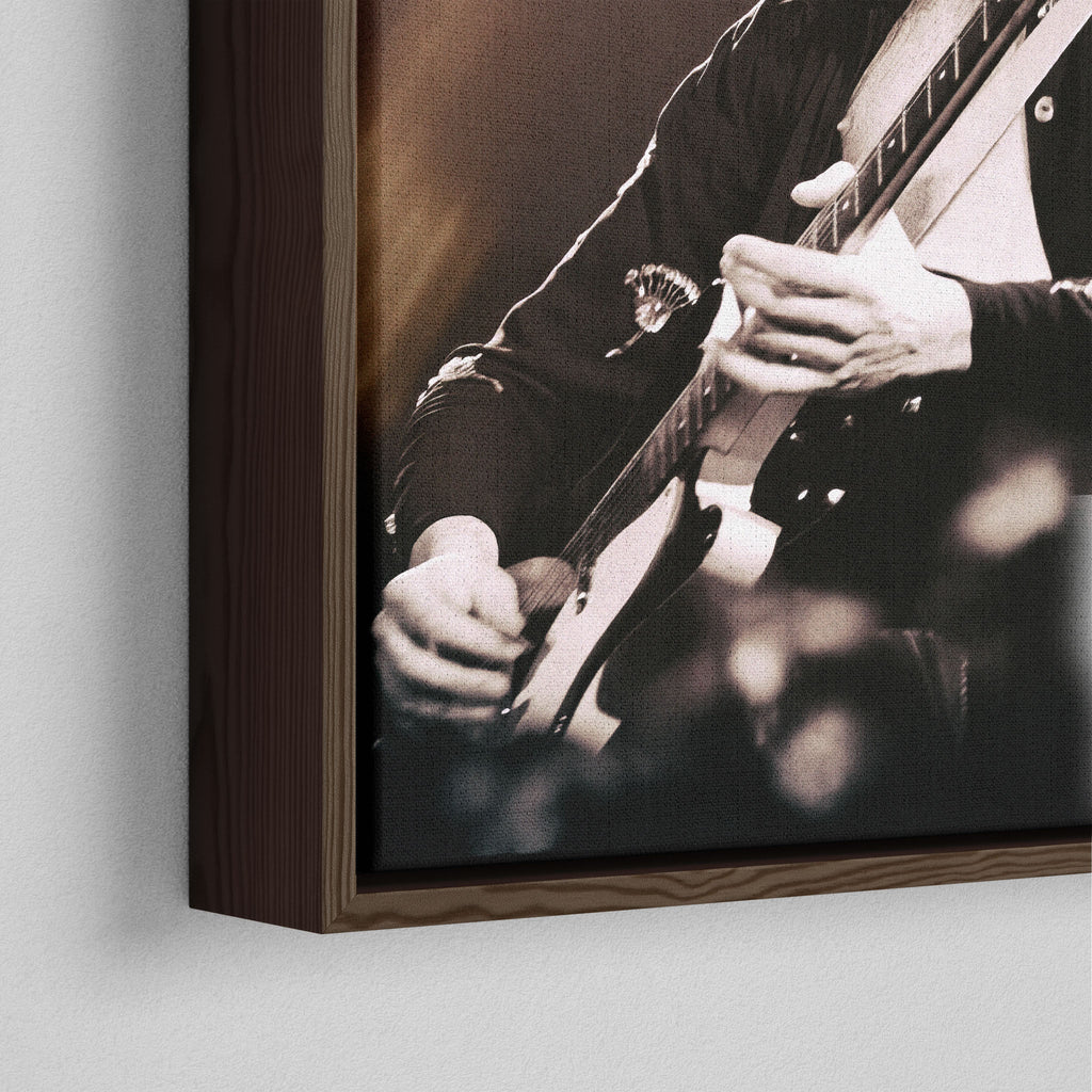 Close-up of the dark walnut floating frame on the Jimmy Page canvas