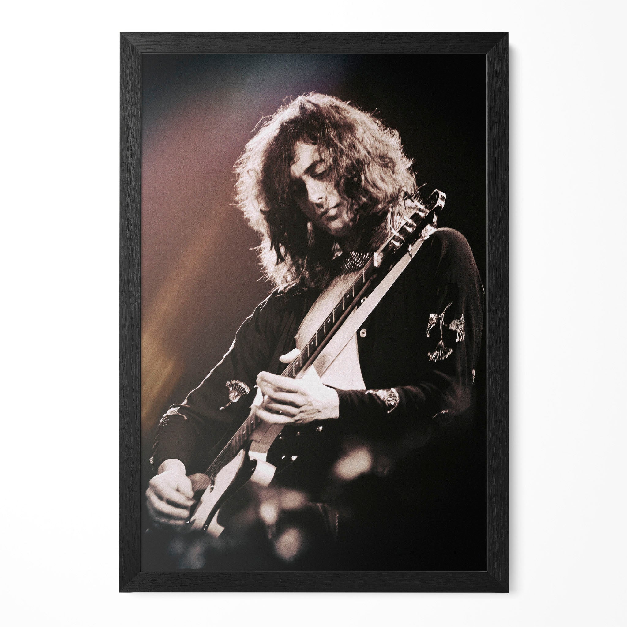 Jimmy Page 1975 Madison Square Garden live portrait in a classic black poster frame
