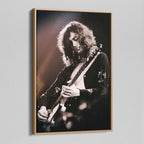 Angled view of the Jimmy Page canvas in a natural oak floating frame