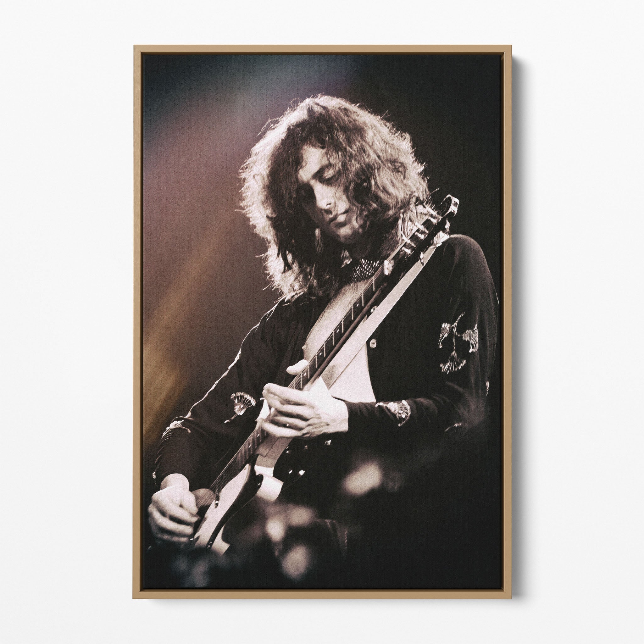 Front display of the Jimmy Page canvas in a natural oak floating frame