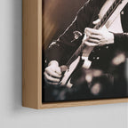 Corner close-up of the natural oak floating frame on the Jimmy Page canvas