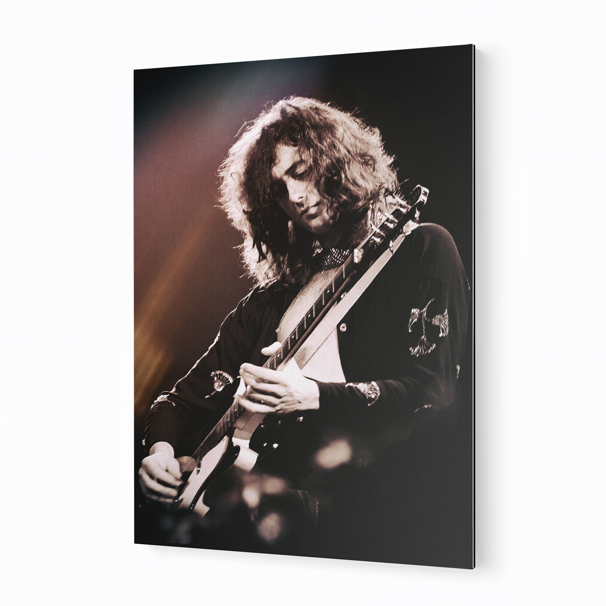 Jimmy Page 1975 MSG metal print displayed on a wall