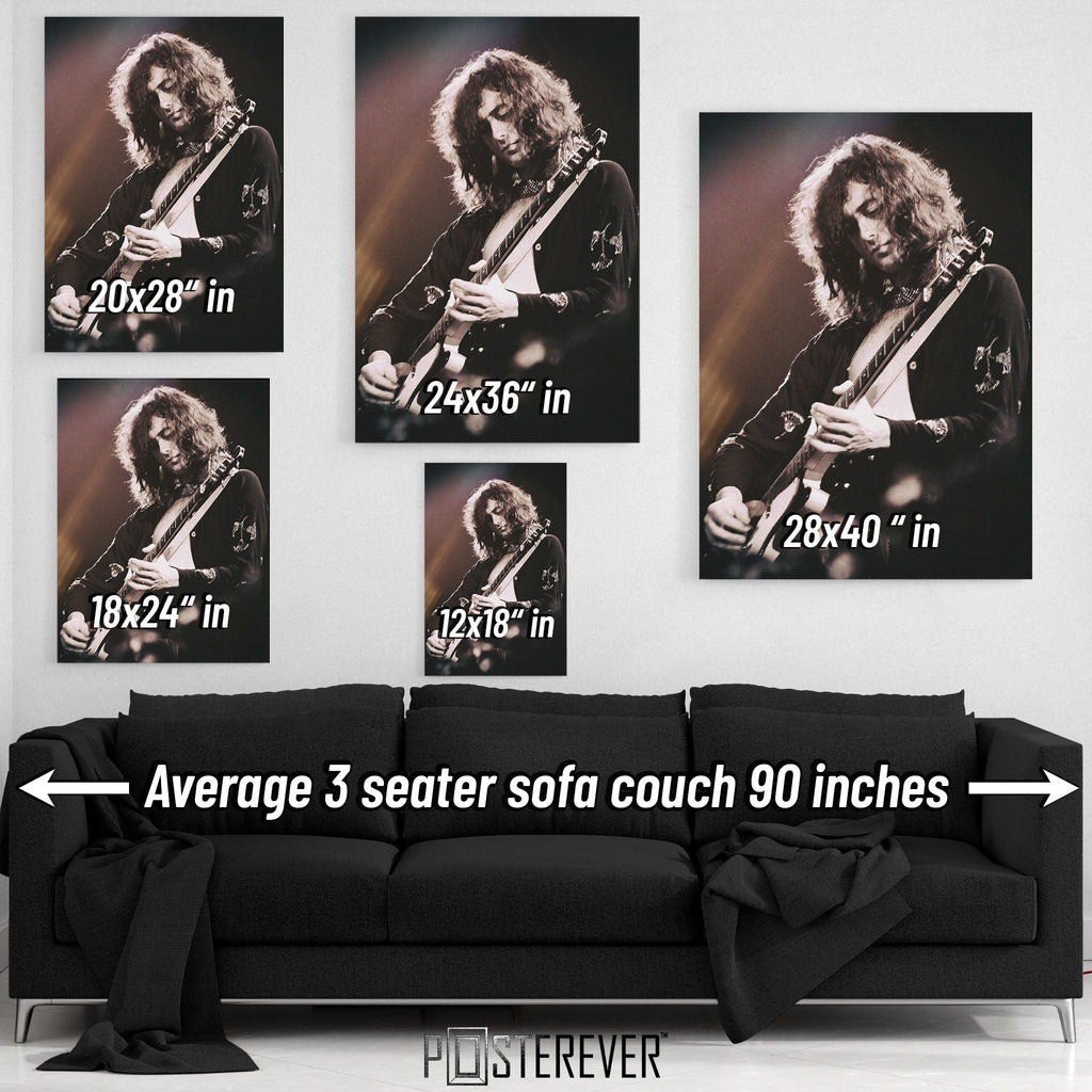 Jimmy Page wall art size comparison chart shown above a sofa