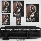 Jimmy Page wall art size comparison chart shown above a sofa
