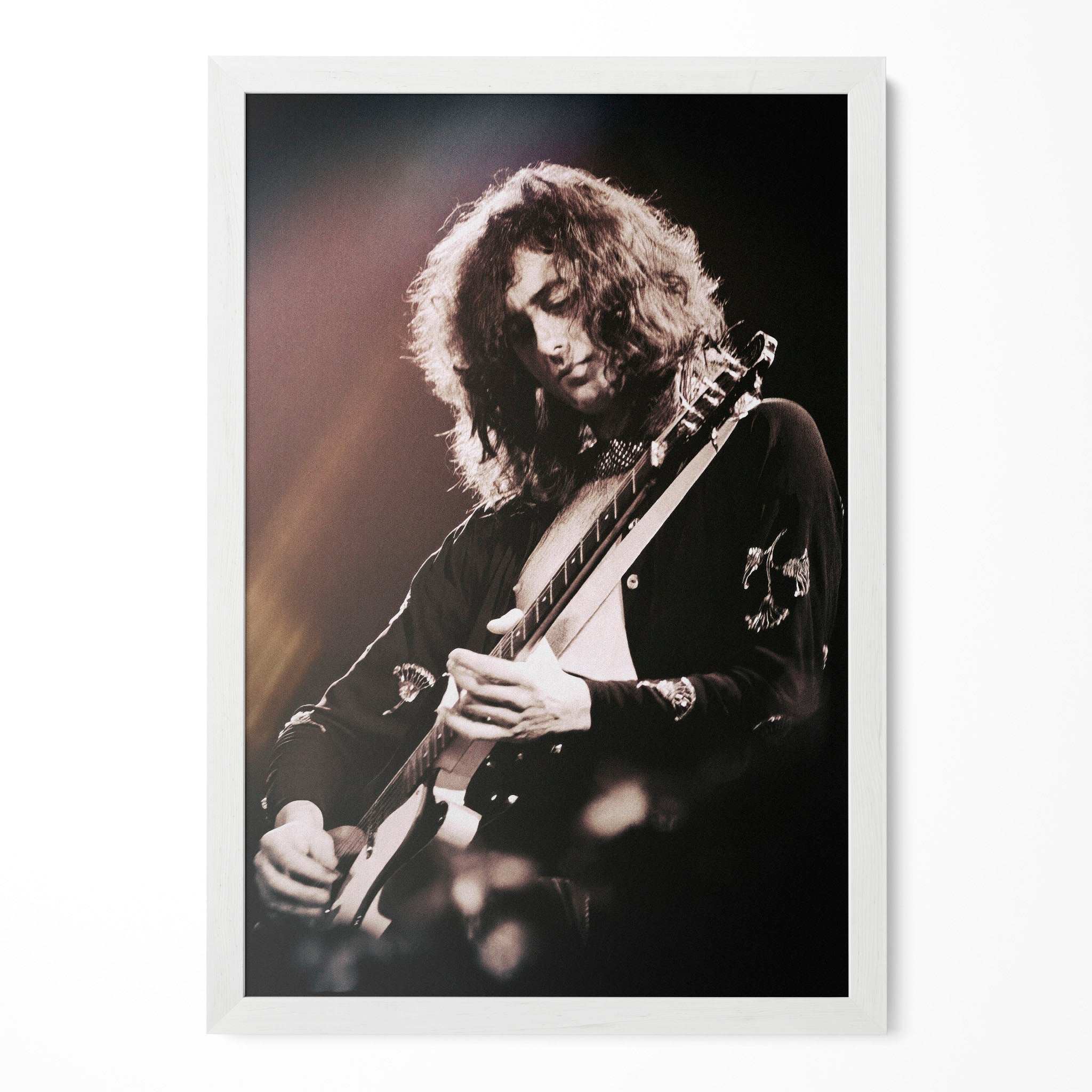 Jimmy Page 1975 Madison Square Garden portrait in a classic white poster frame