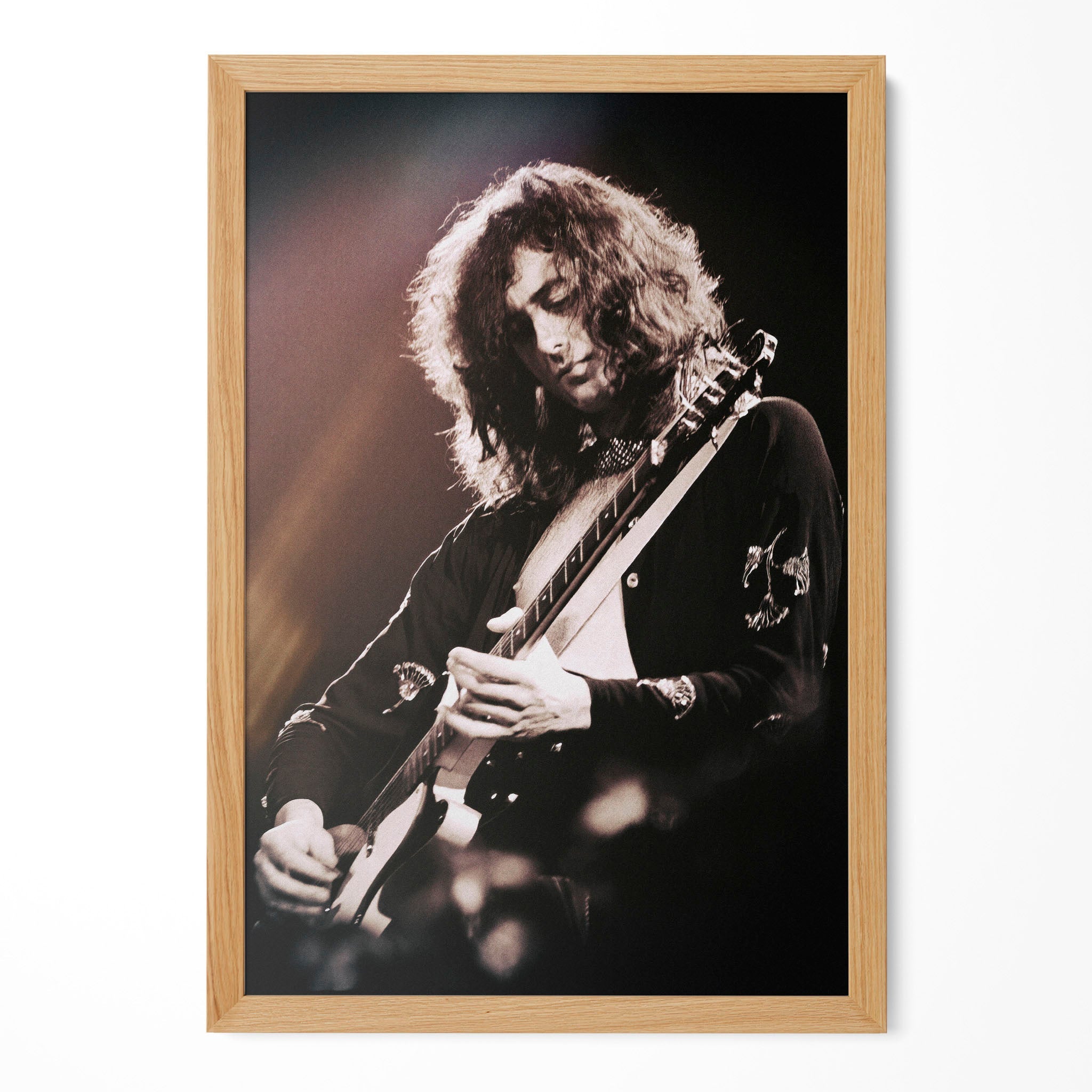 Jimmy Page portrait in a natural oak poster frame
