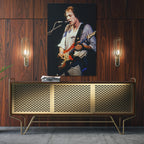 Sleek aluminum color metal print of Mark Knopfler playing live
