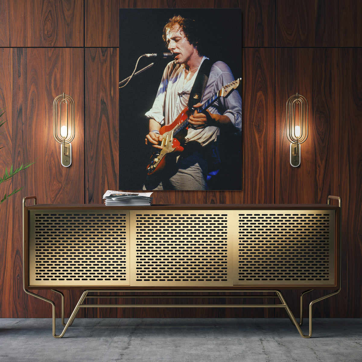 Sleek aluminum color metal print of Mark Knopfler playing live