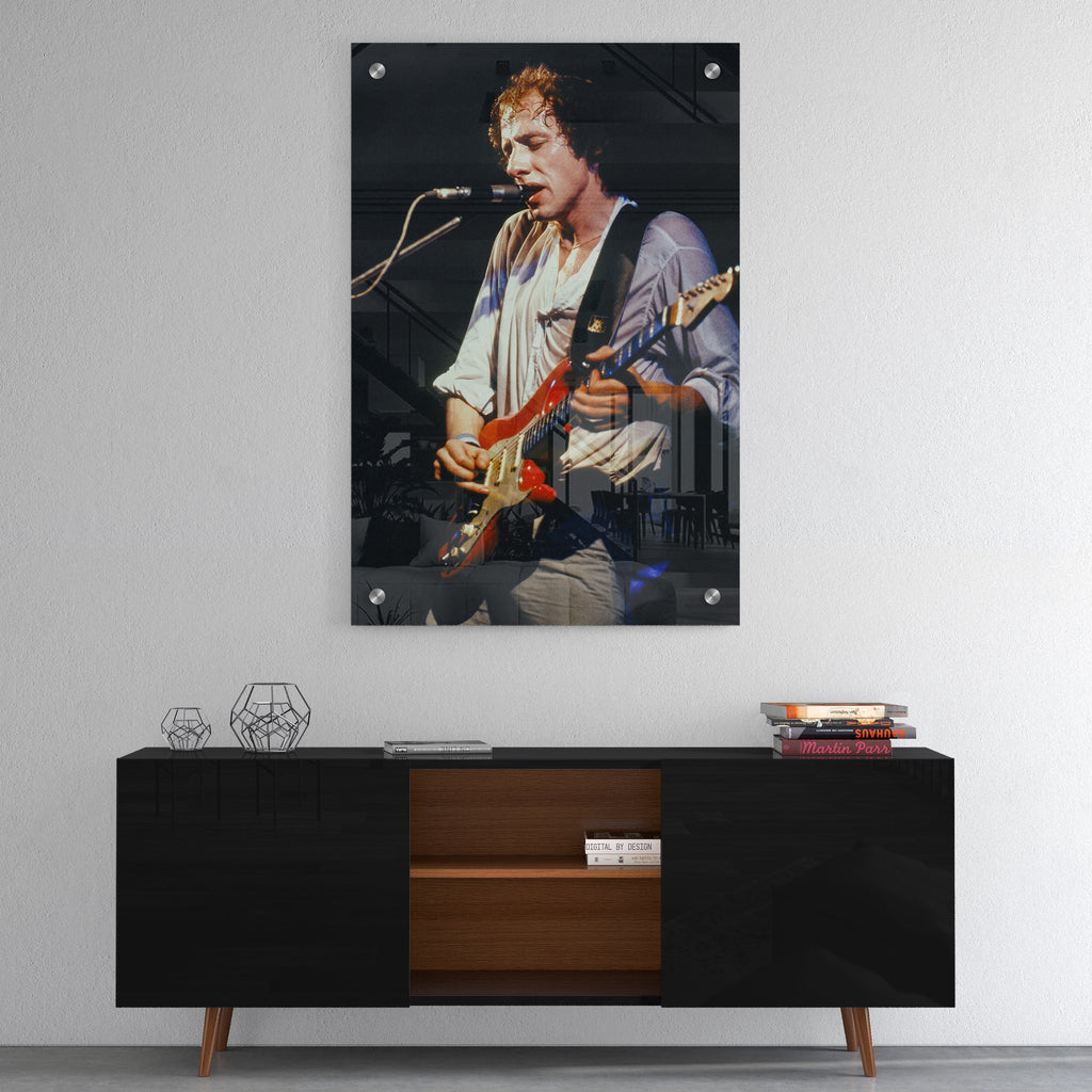 High-gloss acrylic color print of Mark Knopfler displayed on a wall