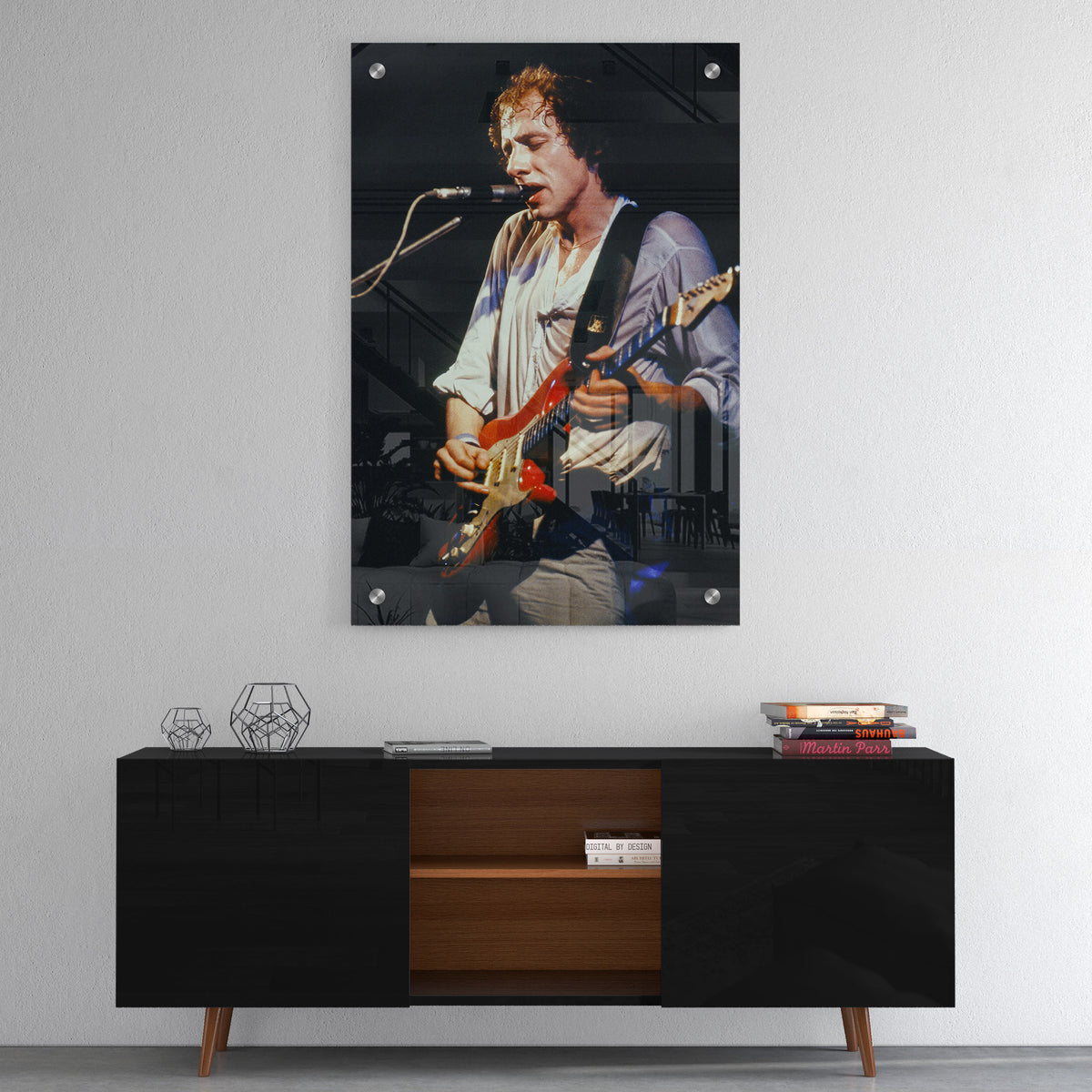 High-gloss acrylic color print of Mark Knopfler displayed on a wall