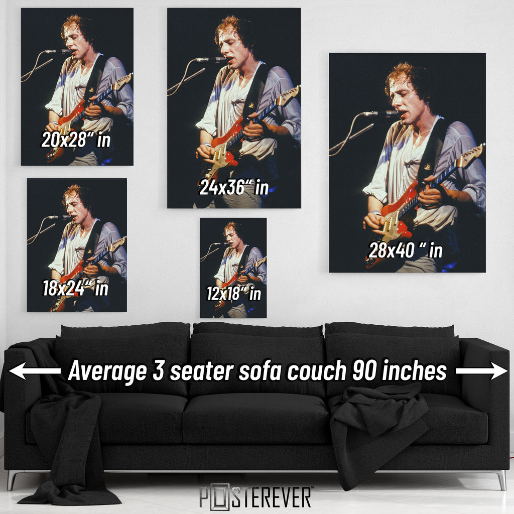 Mark Knopfler wall art size comparison chart shown above a sofa