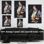 Mark Knopfler wall art size comparison chart shown above a sofa