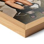Close-up of the natural oak frame on the Ozzy Osbourne bathroom colour poster