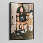 Angled view of the Ozzy Osbourne bathroom colour canvas in a black floating frame