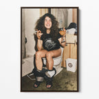 Front display of the Ozzy Osbourne bathroom colour canvas in a dark walnut floating frame