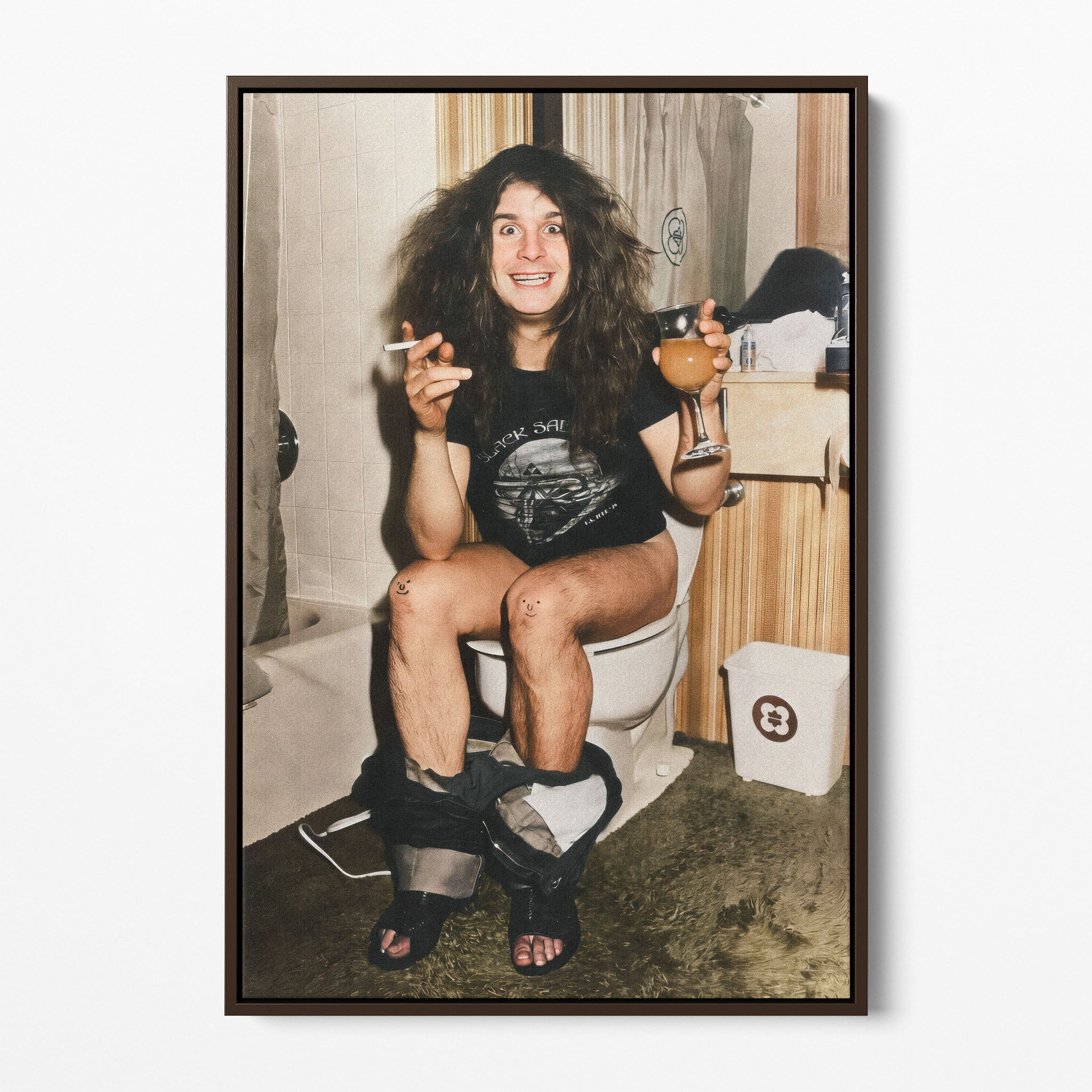 Front display of the Ozzy Osbourne bathroom colour canvas in a dark walnut floating frame
