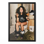 Funny colour photo of Ozzy Osbourne on the toilet in 1978, in a classic black poster frame