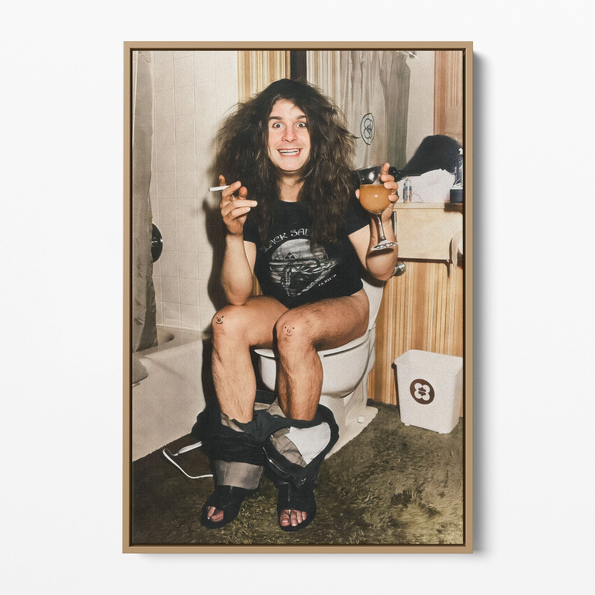 Front display of the Ozzy Osbourne bathroom colour canvas in a natural oak floating frame