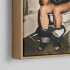 Corner close-up of the natural oak floating frame on the Ozzy Osbourne bathroom colour canvas