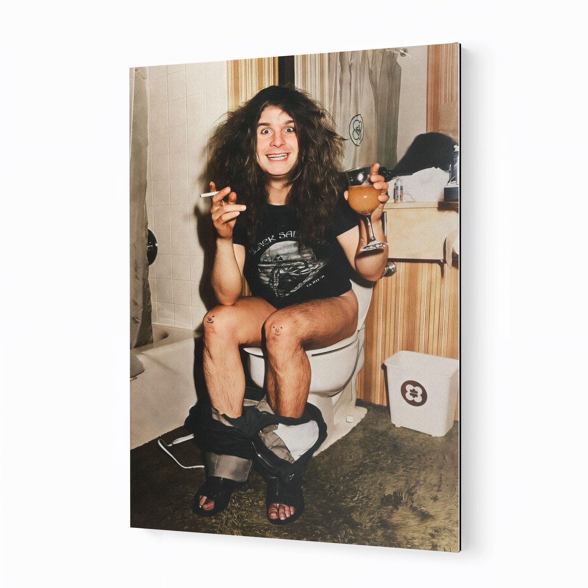 Ozzy Osbourne 1978 bathroom colour metal print displayed on a wall