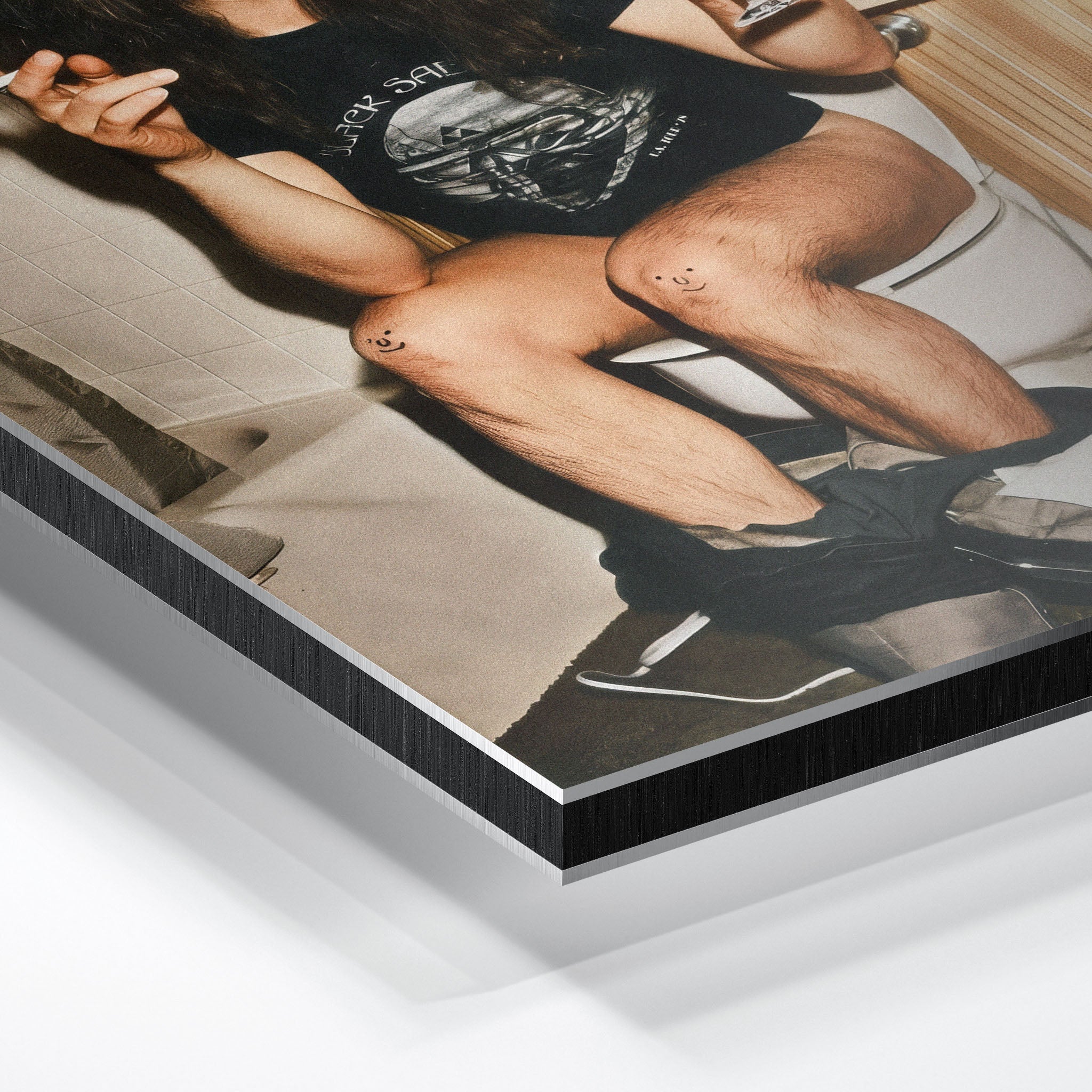 Close-up of the aluminum edge on the Ozzy Osbourne bathroom colour metal print