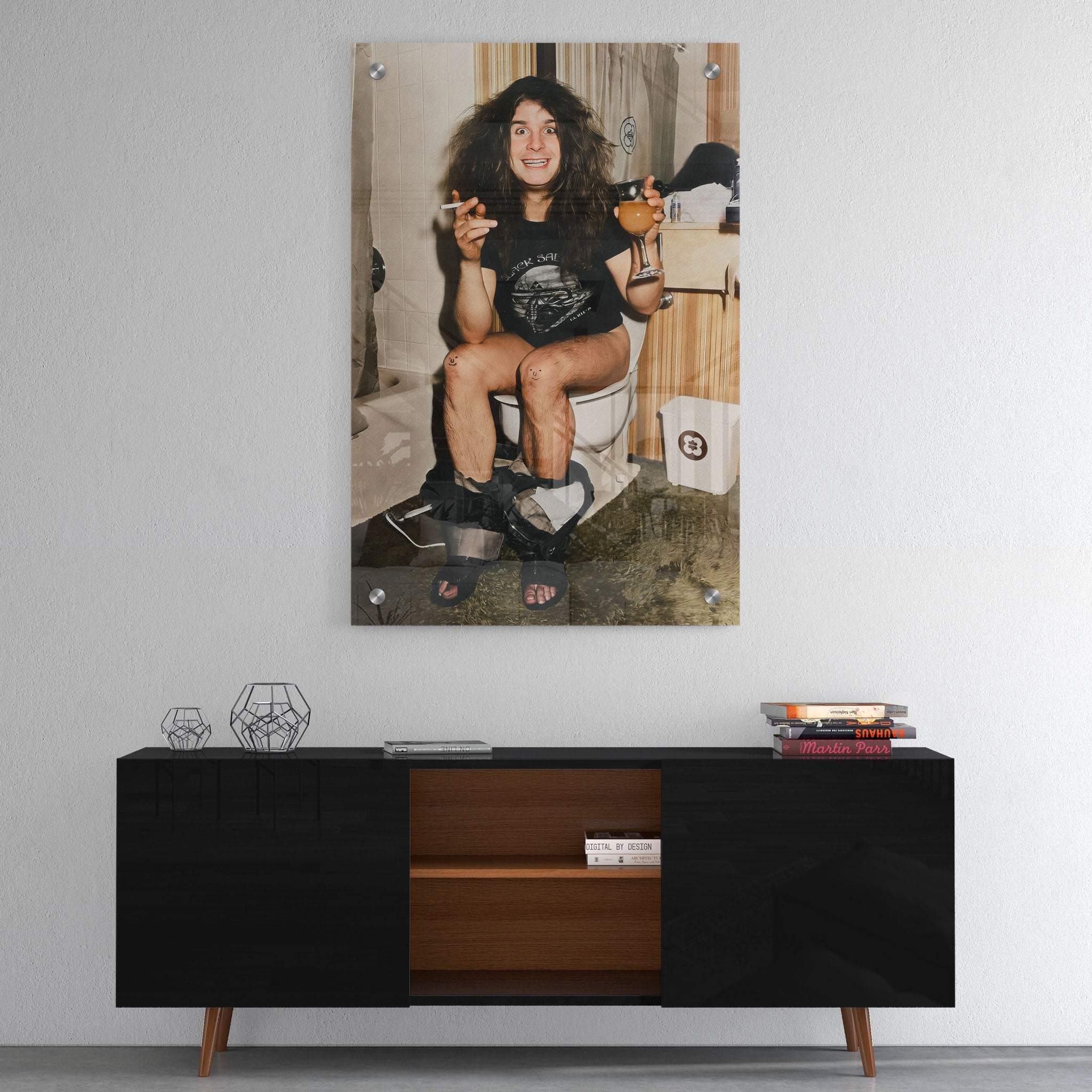 High-gloss acrylic colour print of Ozzy Osbourne on the toilet displayed on a wall