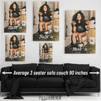 Ozzy Osbourne wall art size comparison chart shown above a sofa