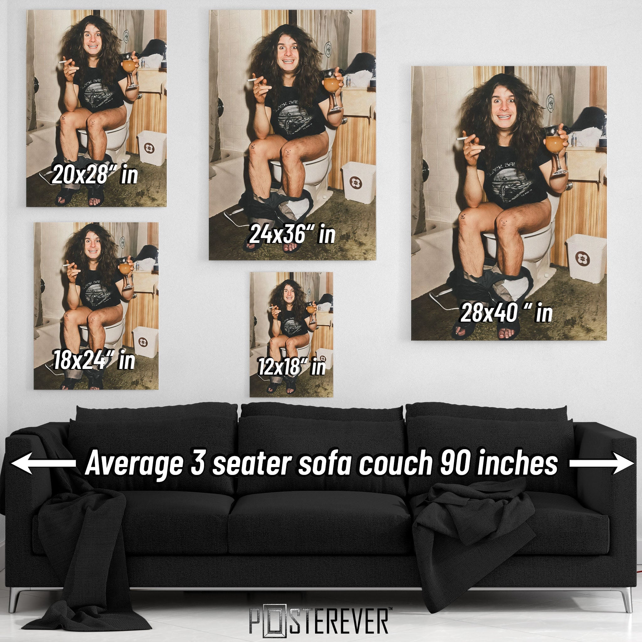 Ozzy Osbourne wall art size comparison chart shown above a sofa