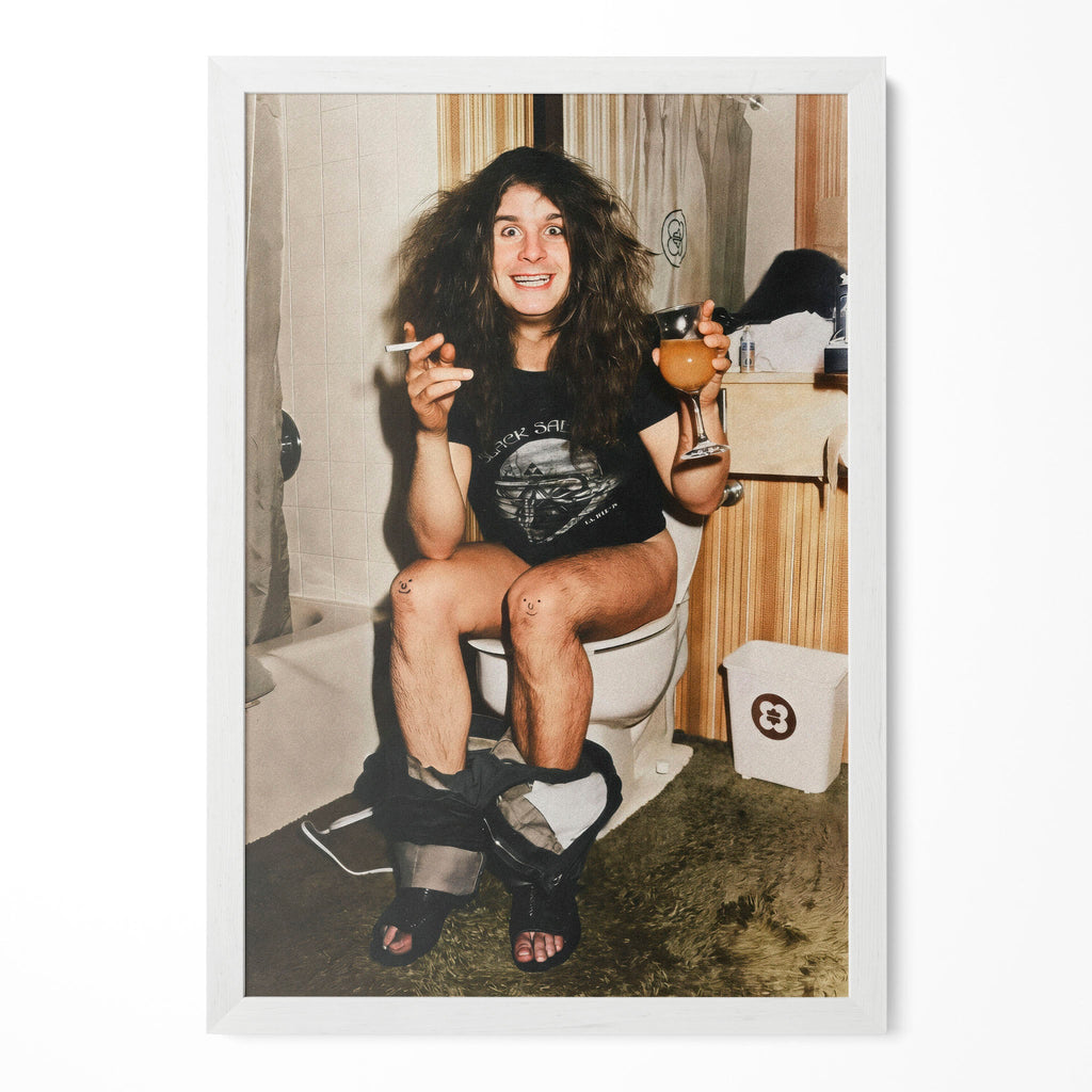 Ozzy Osbourne 1978 bathroom colour portrait in a classic white poster frame