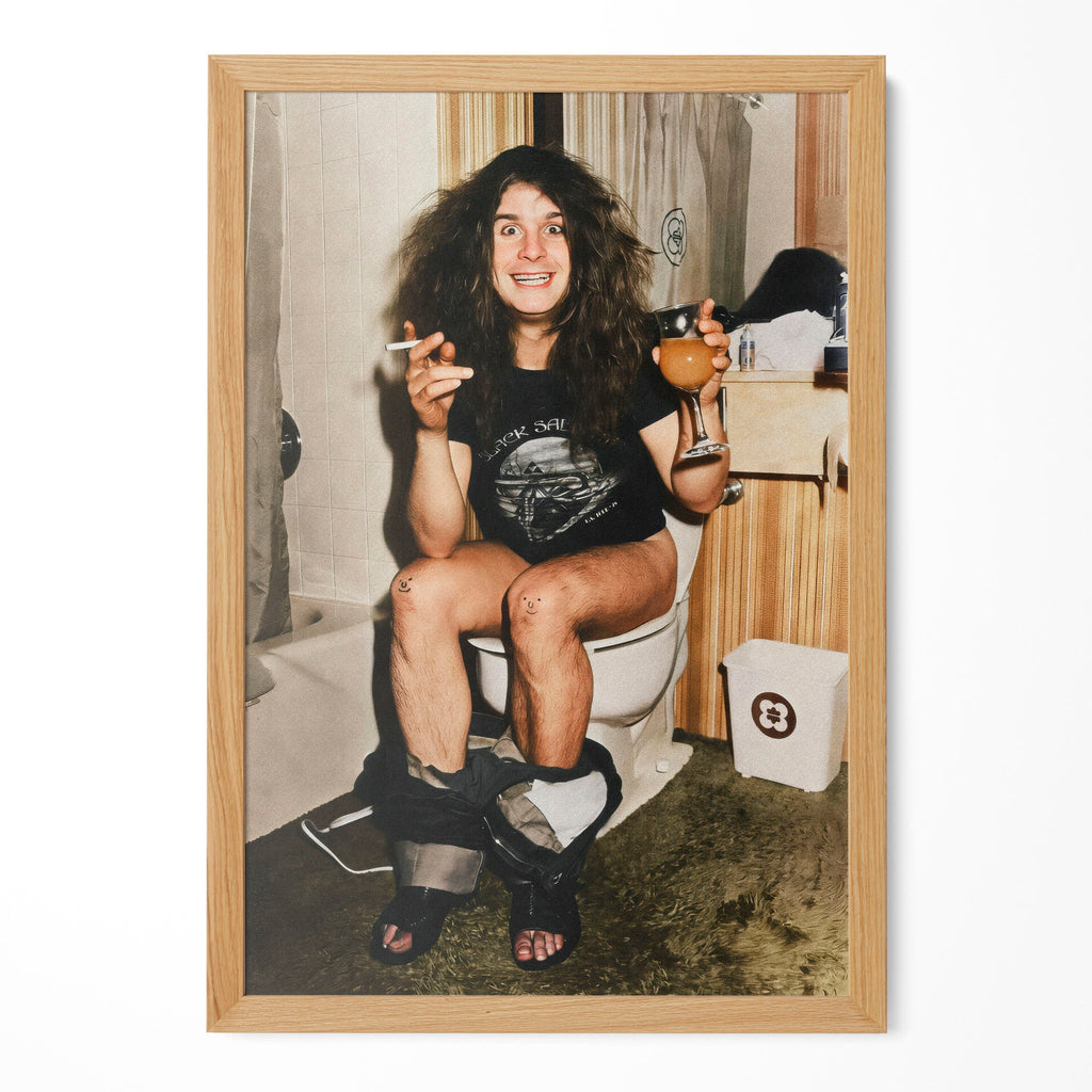 Ozzy Osbourne bathroom colour portrait in a natural oak poster frame