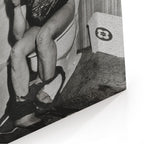 Close-up of the gallery-wrapped canvas edge on the Ozzy Osbourne bathroom black and white print