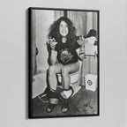 Angled view of the Ozzy Osbourne bathroom black and white canvas in a black floating frame