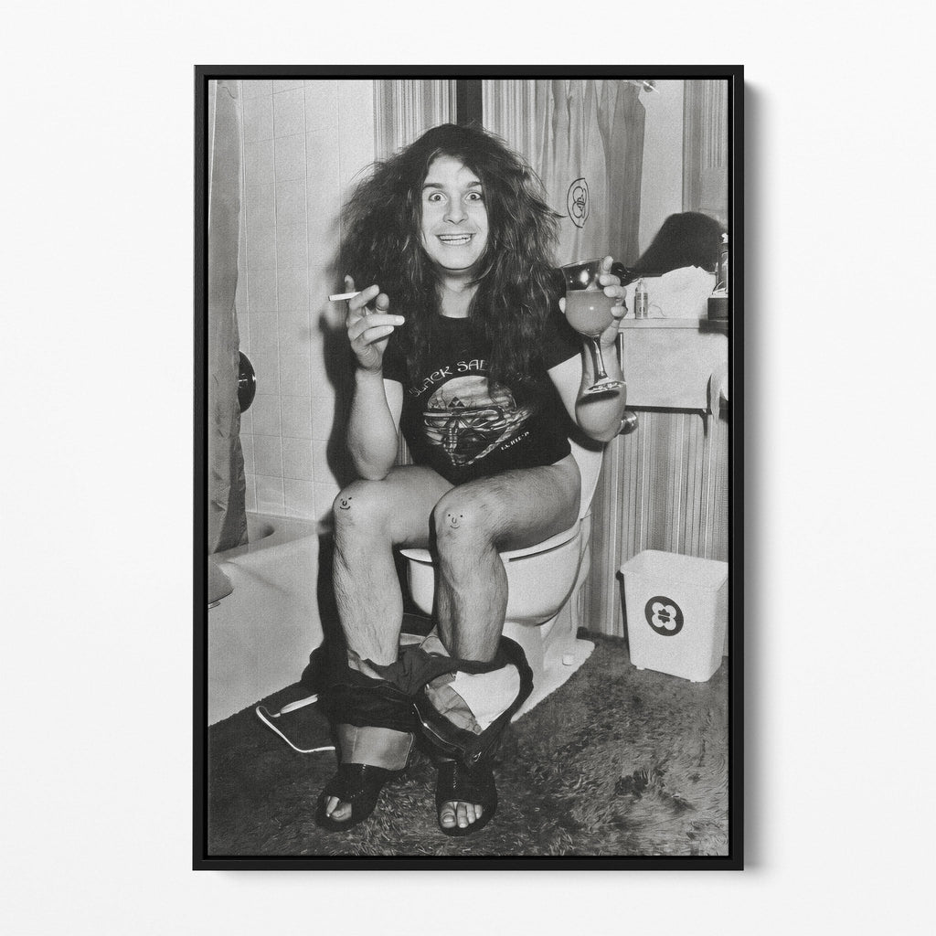 Front display of the Ozzy Osbourne bathroom black and white canvas in a black floating frame