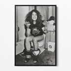 Front display of the Ozzy Osbourne bathroom black and white canvas in a black floating frame