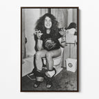 Front display of the Ozzy Osbourne bathroom black and white canvas in a dark walnut floating frame