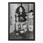 Funny black and white photo of Ozzy Osbourne on the toilet in 1978, in a classic black poster frame