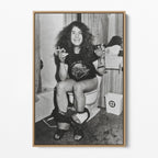 Front display of the Ozzy Osbourne bathroom black and white canvas in a natural oak floating frame
