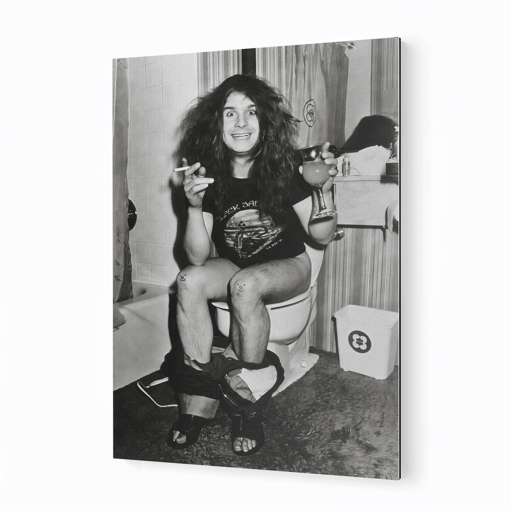 Ozzy Osbourne 1978 bathroom black and white metal print displayed on a wall
