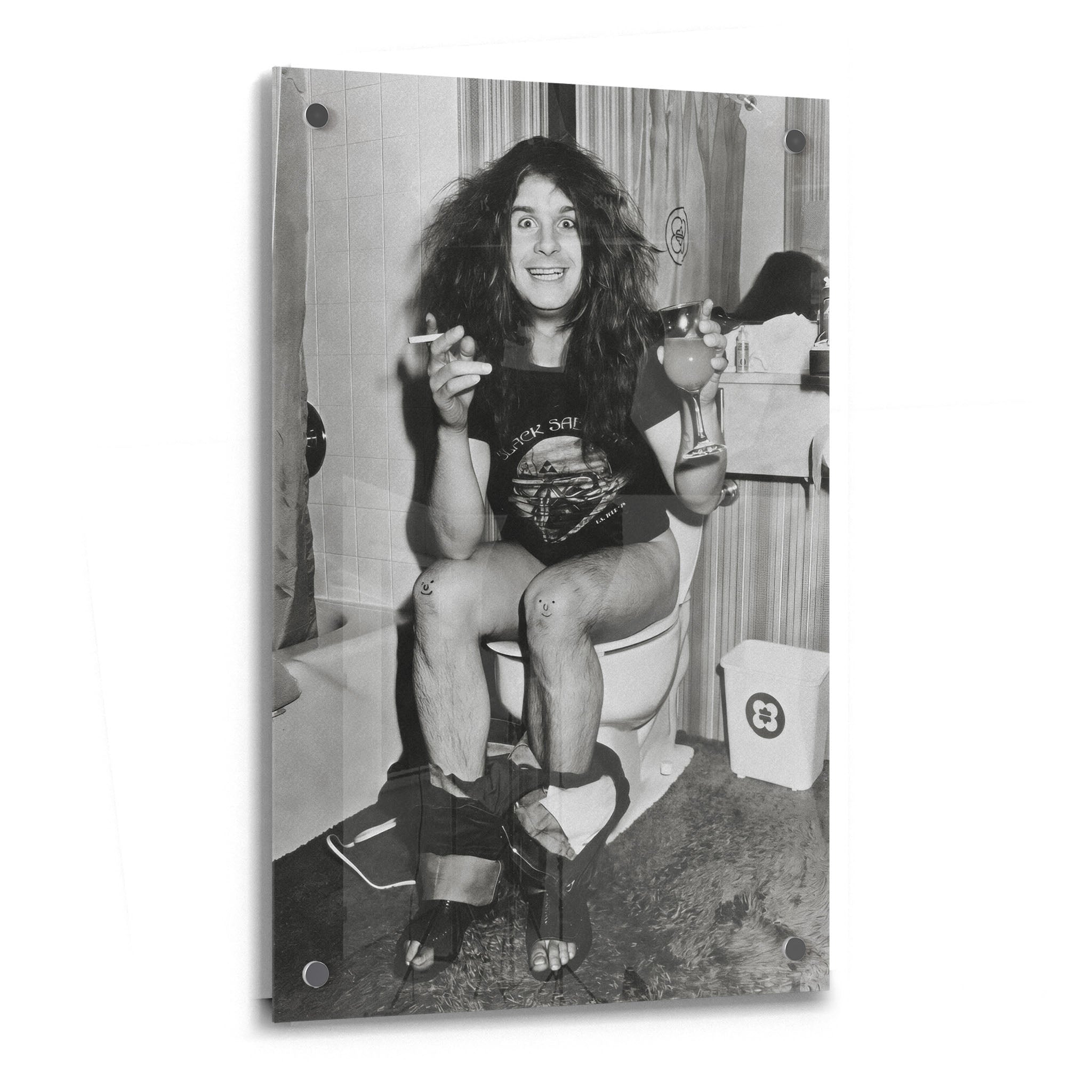 Ozzy Osbourne 1978 bathroom black and white acrylic glass print with a glossy finish