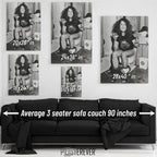 Ozzy Osbourne wall art size comparison chart shown above a sofa